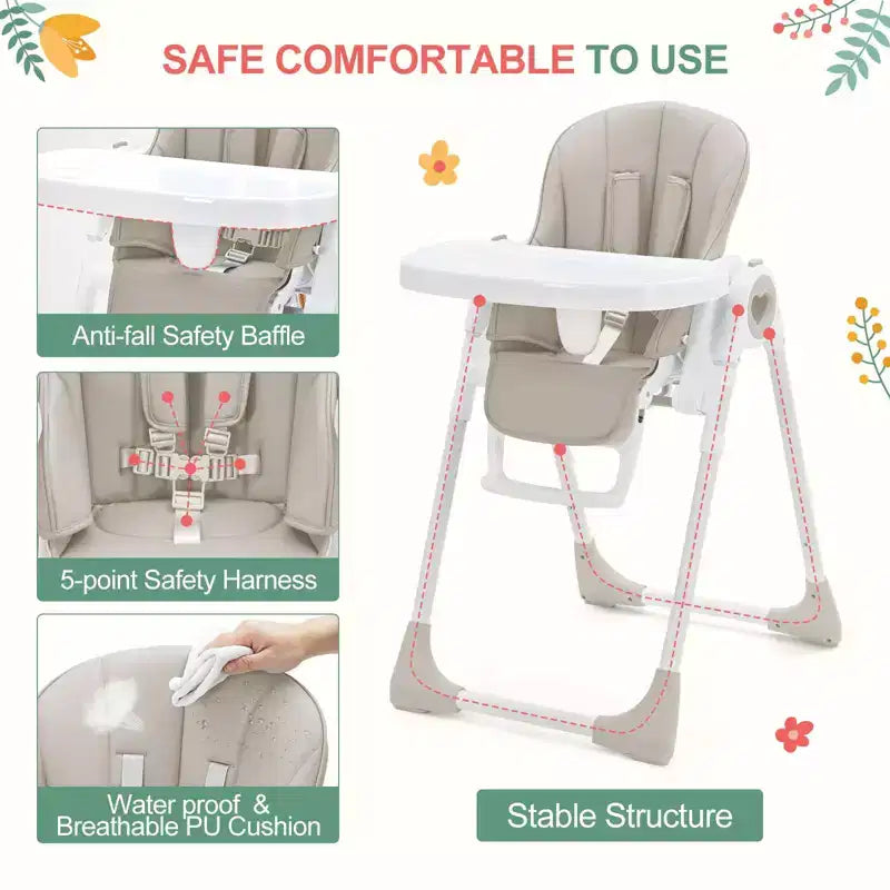 Foldable Baby High Chair with Adjustable Height, 5 Recline Positions & Removable Double Tray - Easy Clean, Space-Saving Infant Highchair for Toddlers