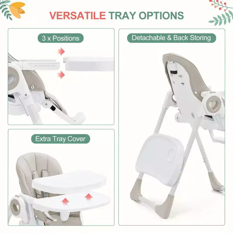 Foldable Baby High Chair with Adjustable Height, 5 Recline Positions & Removable Double Tray - Easy Clean, Space-Saving Infant Highchair for Toddlers