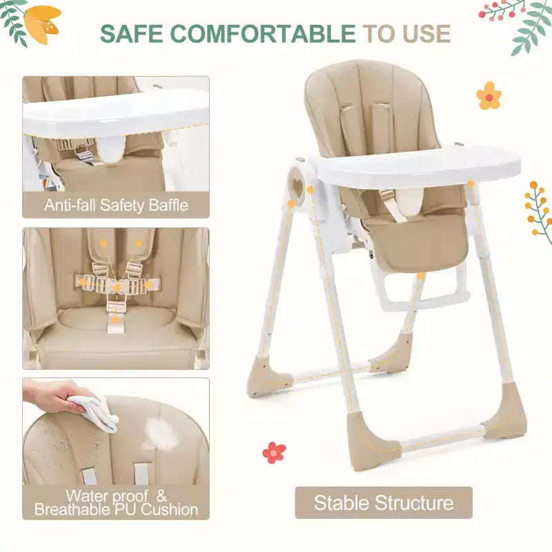 Foldable Baby High Chair with Adjustable Height, 5 Recline Positions & Removable Double Tray - Easy Clean, Space-Saving Infant Highchair for Toddlers