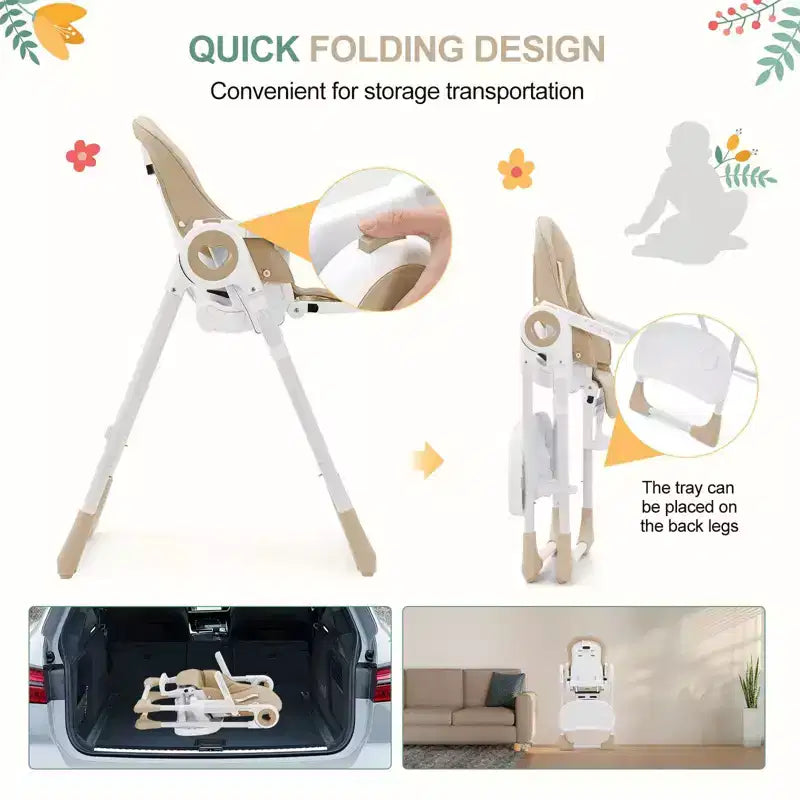 Foldable Baby High Chair with Adjustable Height, 5 Recline Positions & Removable Double Tray - Easy Clean, Space-Saving Infant Highchair for Toddlers