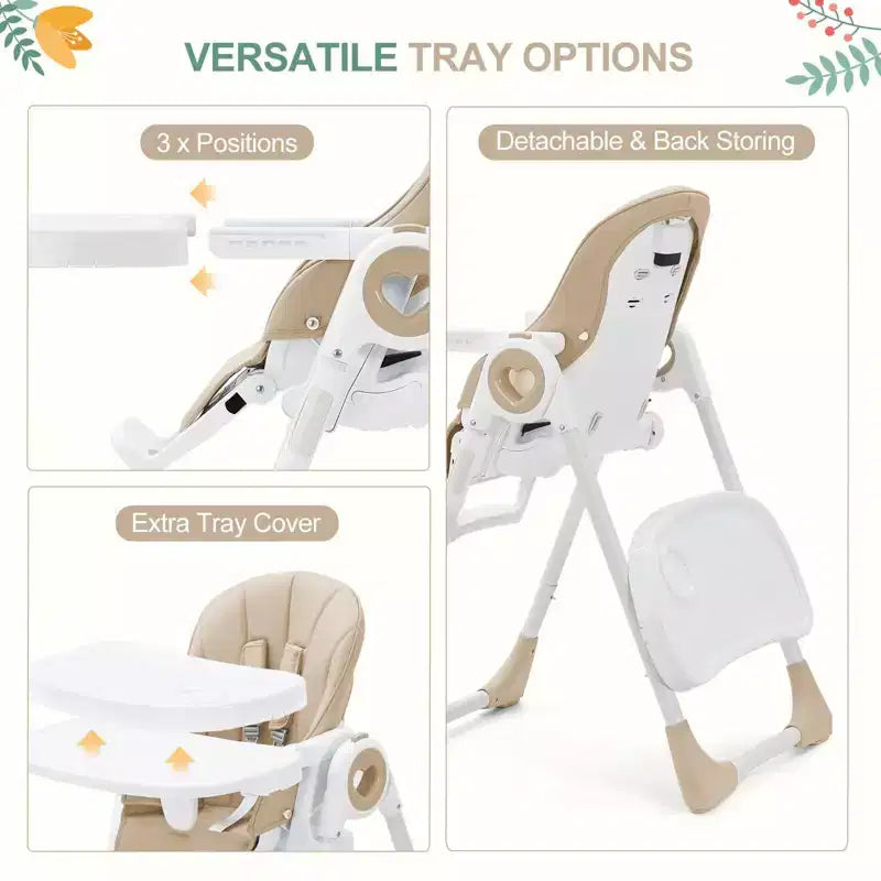 Foldable Baby High Chair with Adjustable Height, 5 Recline Positions & Removable Double Tray - Easy Clean, Space-Saving Infant Highchair for Toddlers