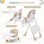 Foldable Baby High Chair with Adjustable Height, 5 Recline Positions & Removable Double Tray - Easy Clean, Space-Saving Infant Highchair for Toddlers