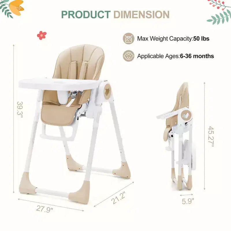 Foldable Baby High Chair with Adjustable Height, 5 Recline Positions & Removable Double Tray - Easy Clean, Space-Saving Infant Highchair for Toddlers