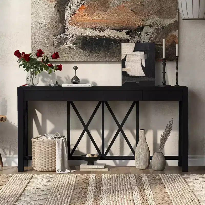 Modern Crisscross Console Table with 4 Spacious Drawers