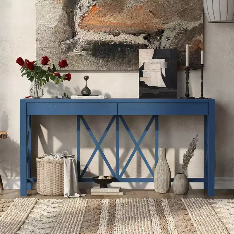 Modern Crisscross Console Table with 4 Spacious Drawers