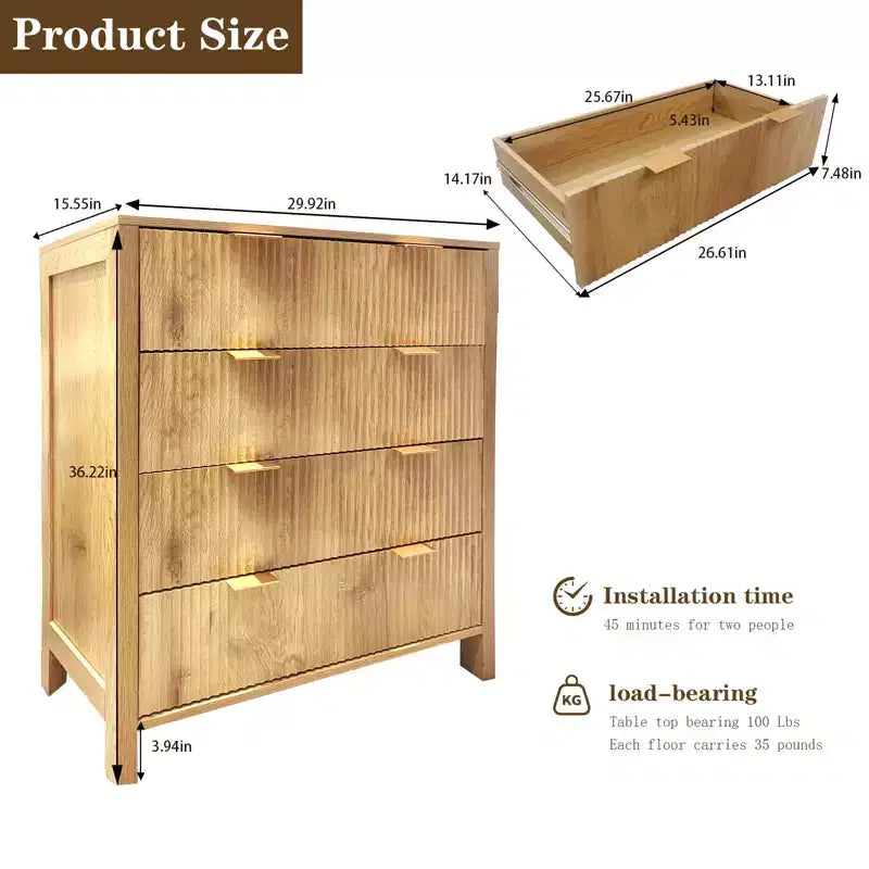 4 Drawer Dressers for Bedroom, Fluted Tall Dresser, Bedroom Chest of Drawers, Mid Century Modern Dresser for Bedroom Living Room Hallway Closet, Oak
