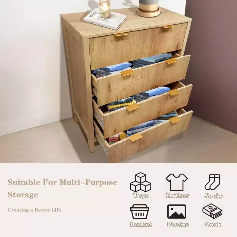 4 Drawer Dressers for Bedroom, Fluted Tall Dresser, Bedroom Chest of Drawers, Mid Century Modern Dresser for Bedroom Living Room Hallway Closet, Oak