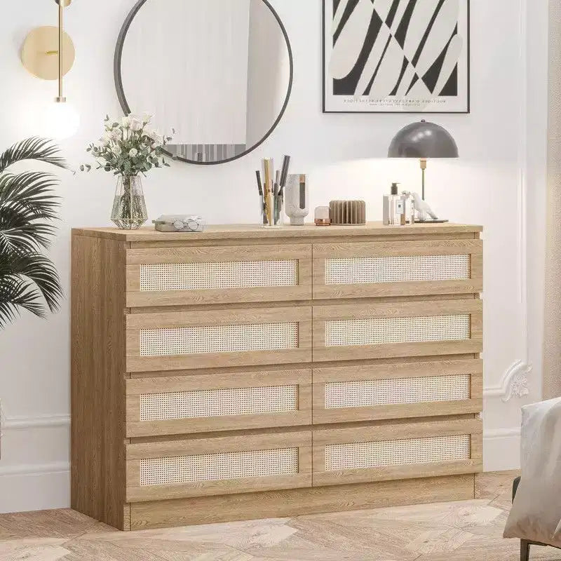 Large 8 Drawer Dresser for Bedroom, Modern Farmhouse Rattan Dresser, Slim Wood Chest of Drawers