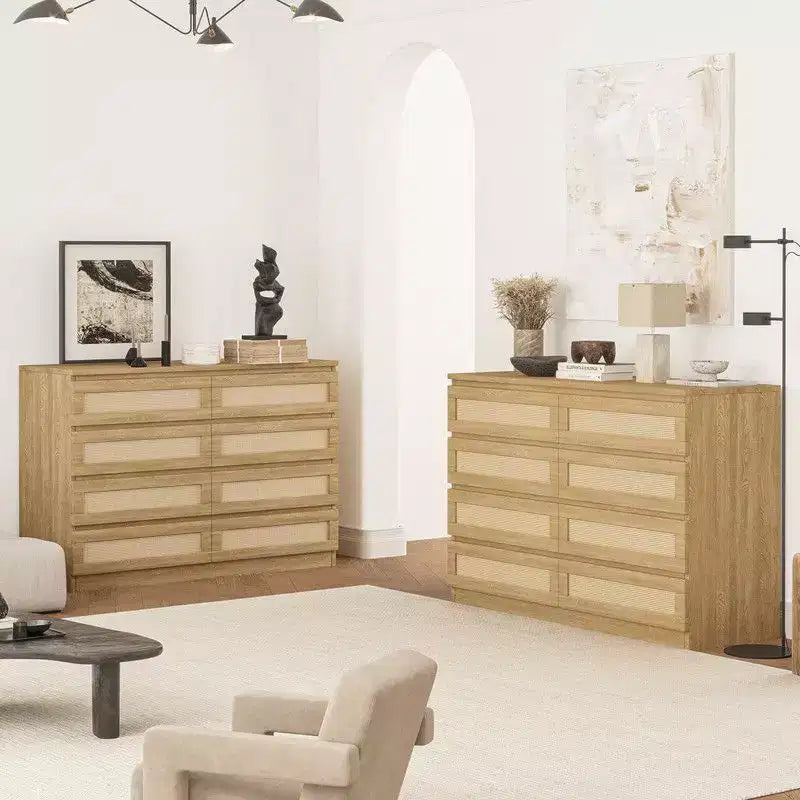 Large 8 Drawer Dresser for Bedroom, Modern Farmhouse Rattan Dresser, Slim Wood Chest of Drawers