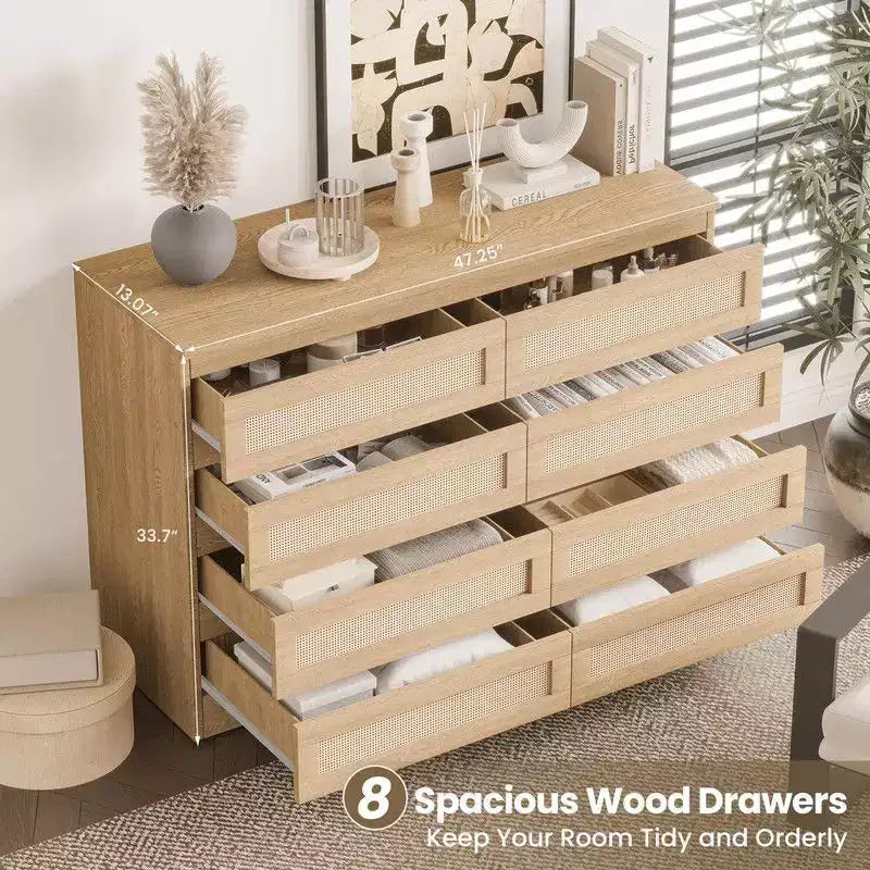 Large 8 Drawer Dresser for Bedroom, Modern Farmhouse Rattan Dresser, Slim Wood Chest of Drawers