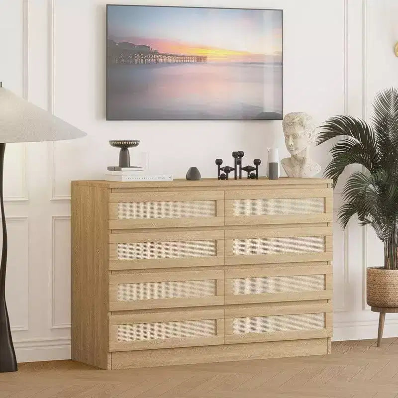Large 8 Drawer Dresser for Bedroom, Modern Farmhouse Rattan Dresser, Slim Wood Chest of Drawers