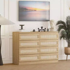 Large 8 Drawer Dresser for Bedroom, Modern Farmhouse Rattan Dresser, Slim Wood Chest of Drawers