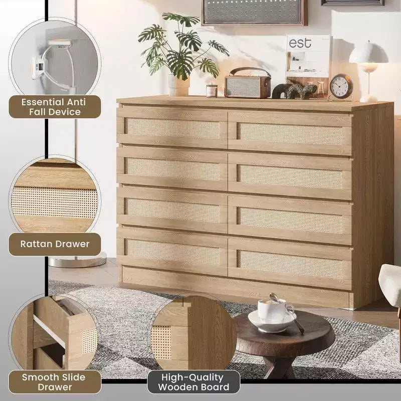 Large 8 Drawer Dresser for Bedroom, Modern Farmhouse Rattan Dresser, Slim Wood Chest of Drawers