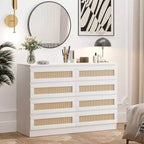 Large 8 Drawer Dresser for Bedroom, Modern Farmhouse Rattan Dresser, Slim Wood Chest of Drawers