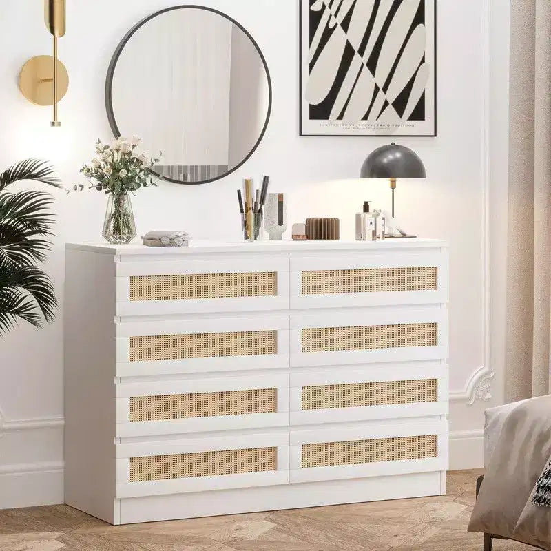 Large 8 Drawer Dresser for Bedroom, Modern Farmhouse Rattan Dresser, Slim Wood Chest of Drawers