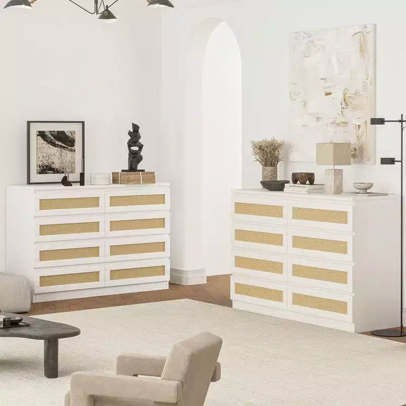 Large 8 Drawer Dresser for Bedroom, Modern Farmhouse Rattan Dresser, Slim Wood Chest of Drawers