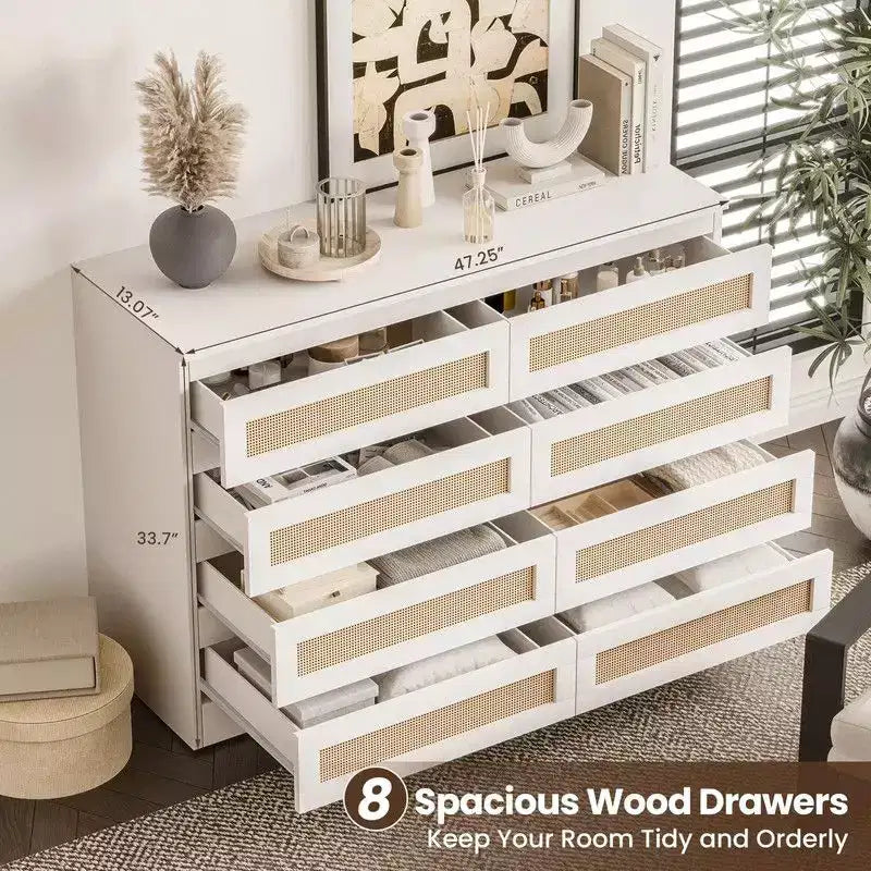 Large 8 Drawer Dresser for Bedroom, Modern Farmhouse Rattan Dresser, Slim Wood Chest of Drawers