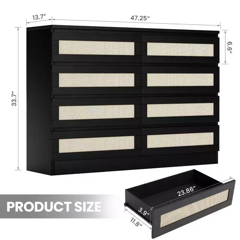 Large 8 Drawer Dresser for Bedroom, Modern Farmhouse Rattan Dresser, Slim Wood Chest of Drawers