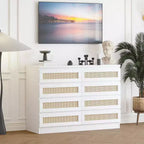 Large 8 Drawer Dresser for Bedroom, Modern Farmhouse Rattan Dresser, Slim Wood Chest of Drawers