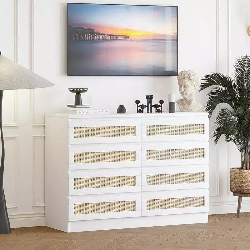 Large 8 Drawer Dresser for Bedroom, Modern Farmhouse Rattan Dresser, Slim Wood Chest of Drawers