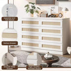 Large 8 Drawer Dresser for Bedroom, Modern Farmhouse Rattan Dresser, Slim Wood Chest of Drawers