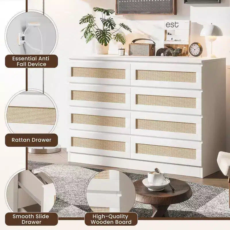 Large 8 Drawer Dresser for Bedroom, Modern Farmhouse Rattan Dresser, Slim Wood Chest of Drawers