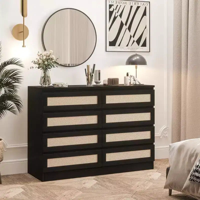 Large 8 Drawer Dresser for Bedroom, Modern Farmhouse Rattan Dresser, Slim Wood Chest of Drawers