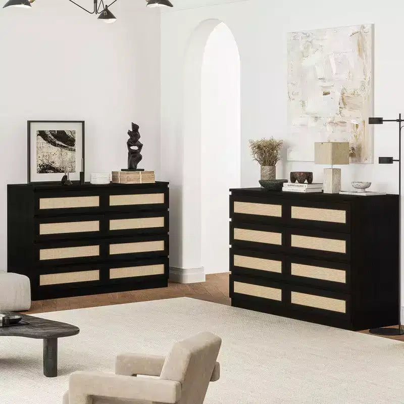 Large 8 Drawer Dresser for Bedroom, Modern Farmhouse Rattan Dresser, Slim Wood Chest of Drawers