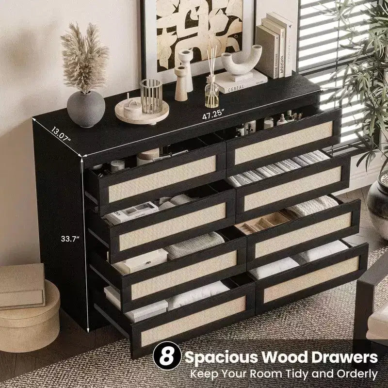 Large 8 Drawer Dresser for Bedroom, Modern Farmhouse Rattan Dresser, Slim Wood Chest of Drawers