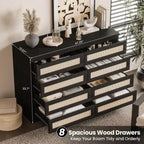 Large 8 Drawer Dresser for Bedroom, Modern Farmhouse Rattan Dresser, Slim Wood Chest of Drawers
