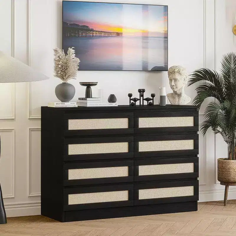 Large 8 Drawer Dresser for Bedroom, Modern Farmhouse Rattan Dresser, Slim Wood Chest of Drawers