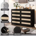 Large 8 Drawer Dresser for Bedroom, Modern Farmhouse Rattan Dresser, Slim Wood Chest of Drawers