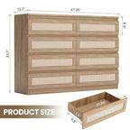 Large 8 Drawer Dresser for Bedroom, Modern Farmhouse Rattan Dresser, Slim Wood Chest of Drawers