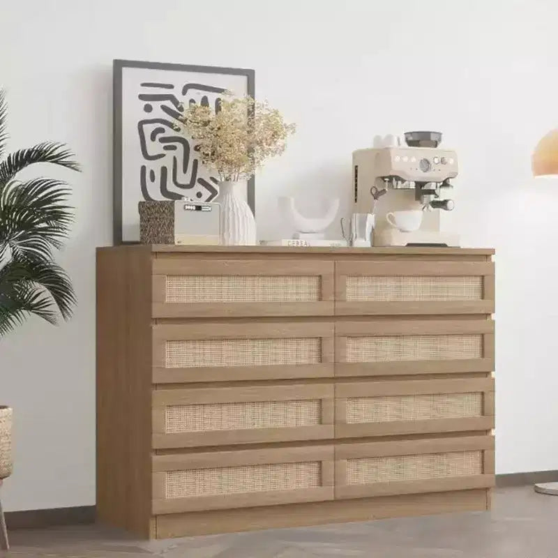 Large 8 Drawer Dresser for Bedroom, Modern Farmhouse Rattan Dresser, Slim Wood Chest of Drawers
