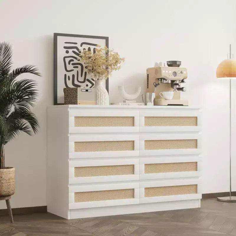 Large 8 Drawer Dresser for Bedroom, Modern Farmhouse Rattan Dresser, Slim Wood Chest of Drawers