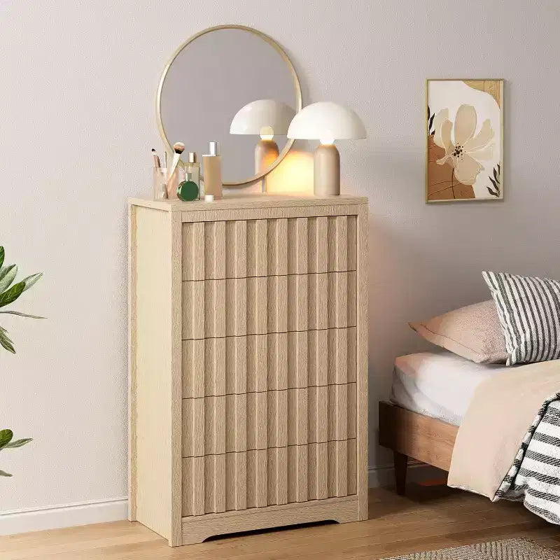 Tall Fluted 5-Drawer Dresser - Handleless Design with Deep Storage for Bedroom & Living Room