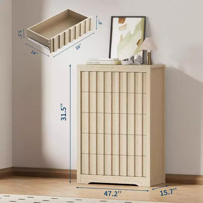 Tall Fluted 5-Drawer Dresser - Handleless Design with Deep Storage for Bedroom & Living Room