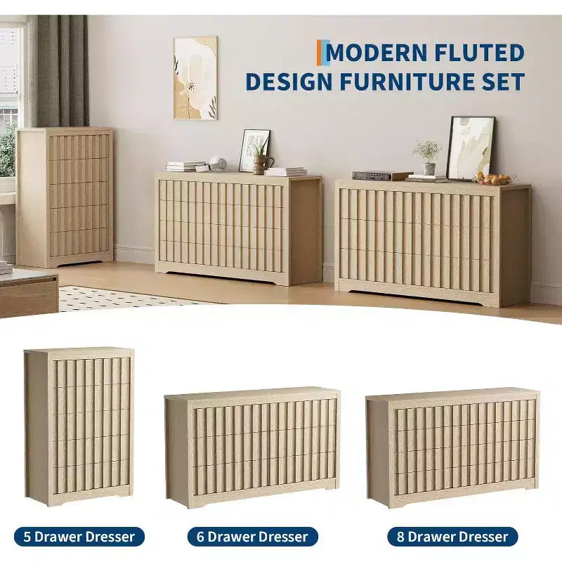 Tall Fluted 5-Drawer Dresser - Handleless Design with Deep Storage for Bedroom & Living Room