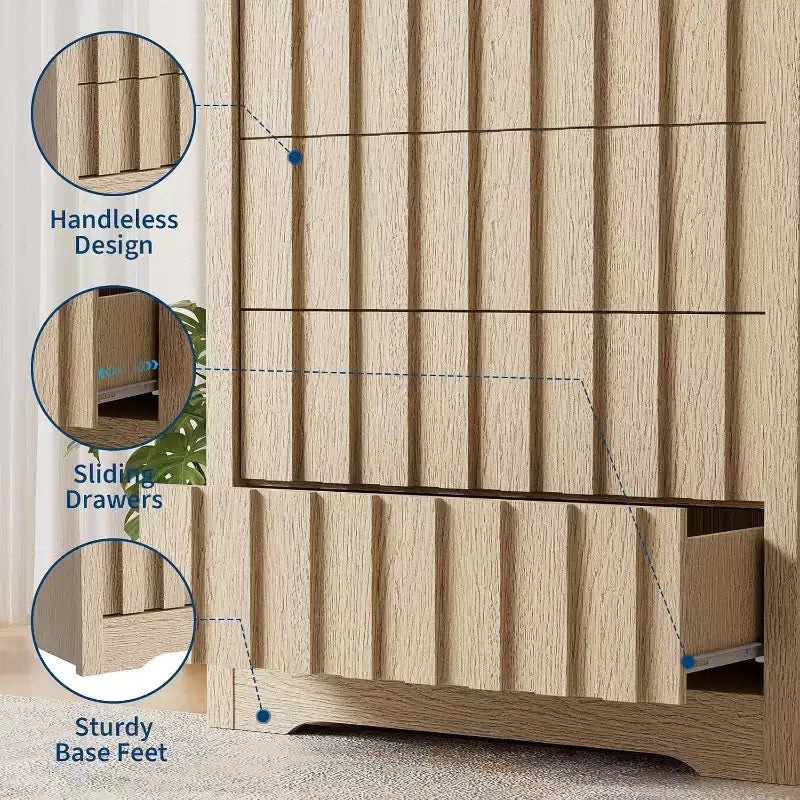 Tall Fluted 5-Drawer Dresser - Handleless Design with Deep Storage for Bedroom & Living Room