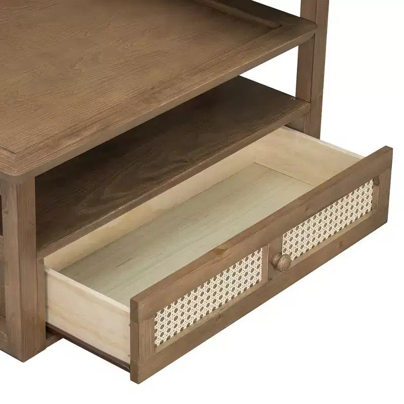 Modern Coffee Table with Storage Shelf, Double-layer Tabletops & Rattan Drawer for Living Room