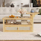 Modern Coffee Table with Storage Shelf, Double-layer Tabletops & Rattan Drawer for Living Room