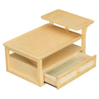 Modern Coffee Table with Storage Shelf, Double-layer Tabletops & Rattan Drawer for Living Room