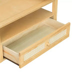 Modern Coffee Table with Storage Shelf, Double-layer Tabletops & Rattan Drawer for Living Room