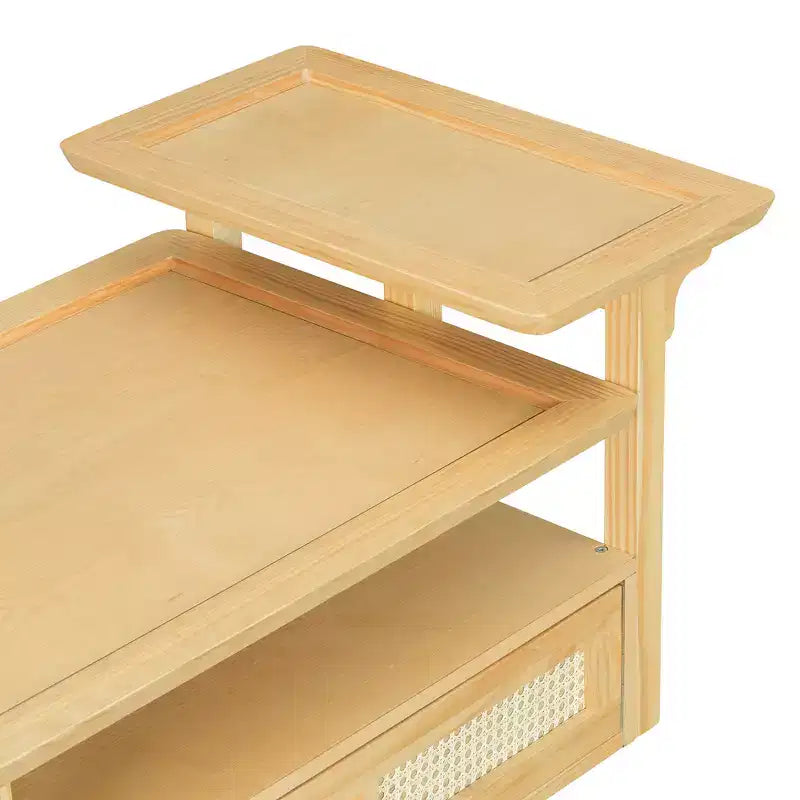 Modern Coffee Table with Storage Shelf, Double-layer Tabletops & Rattan Drawer for Living Room