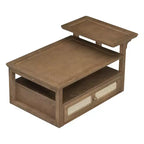 Modern Coffee Table with Storage Shelf, Double-layer Tabletops & Rattan Drawer for Living Room