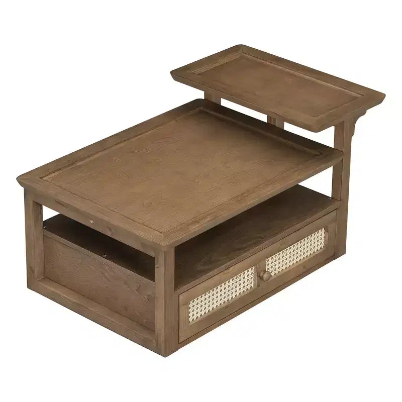Modern Coffee Table with Storage Shelf, Double-layer Tabletops & Rattan Drawer for Living Room