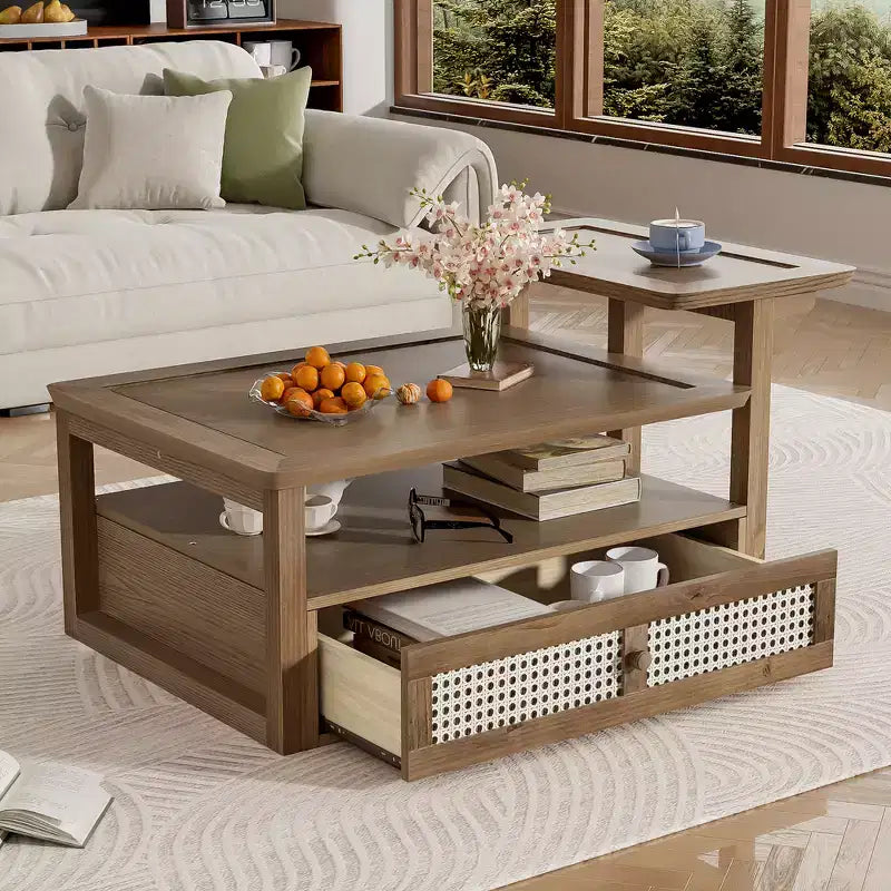 Modern Coffee Table with Storage Shelf, Double-layer Tabletops & Rattan Drawer for Living Room