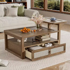 Modern Coffee Table with Storage Shelf, Double-layer Tabletops & Rattan Drawer for Living Room