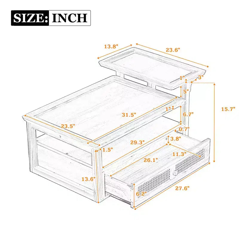 Modern Coffee Table with Storage Shelf, Double-layer Tabletops & Rattan Drawer for Living Room