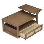 Modern Coffee Table with Storage Shelf, Double-layer Tabletops & Rattan Drawer for Living Room